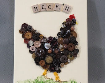 Button Art chicken, Vintage buttons, Button art, chicken art, Peck'n, textured wall art, wall decor, Mother's Day