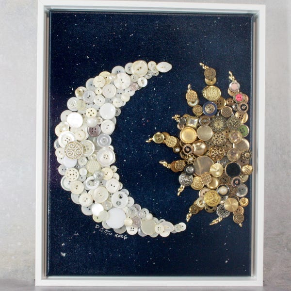 Button Art, Sun and Moon on Canvas