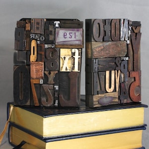 Printers letterpress bookends, vintage printers wood blocks