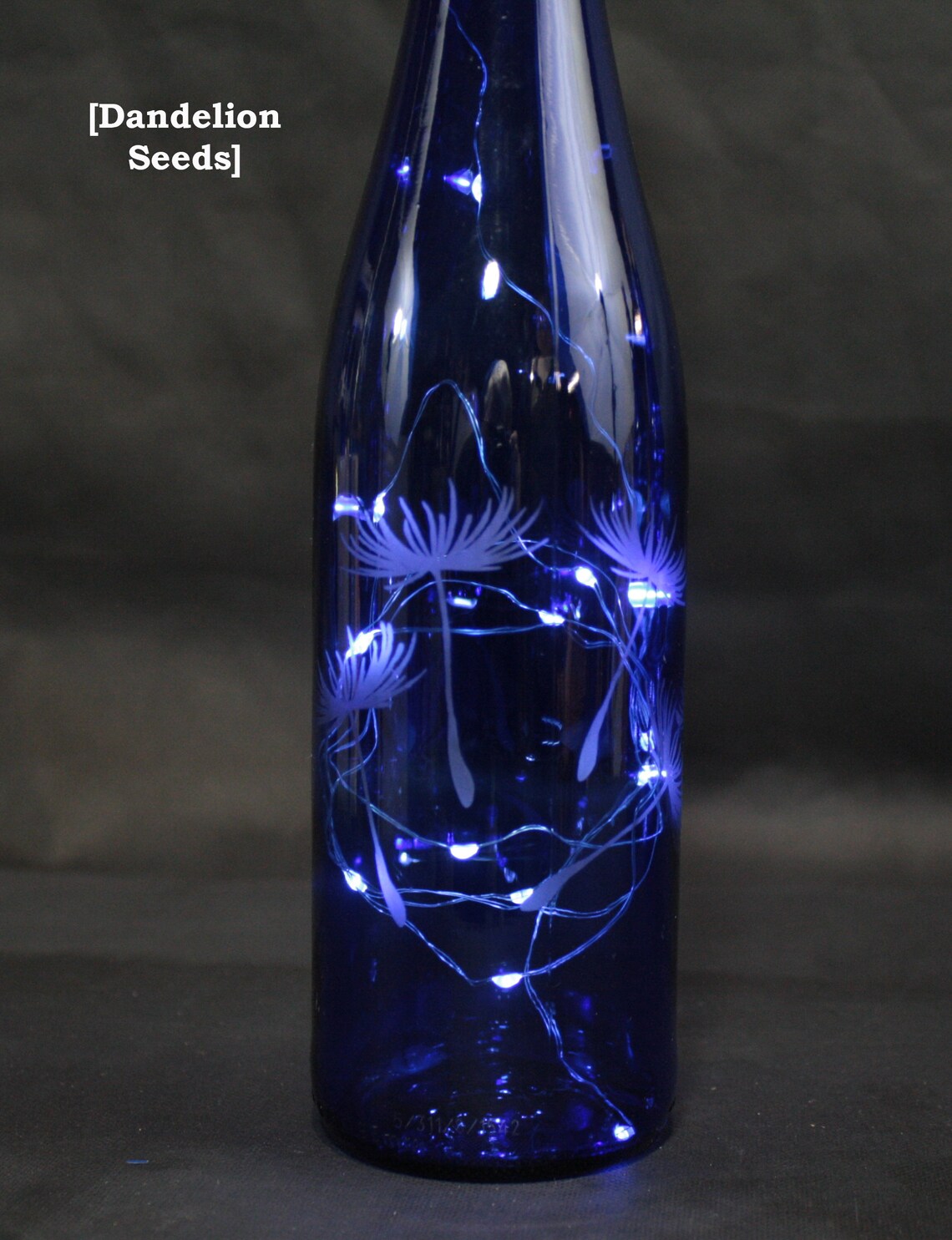 Etched Lighted Bluewine Bottles/ Upcycled Bottles/ Decorative Blue