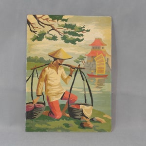 Completed Vintage Paint by numbers Completed, Japanese Man, Japanese scene, Oriental Scene,  Country Décor, Cottage Decor