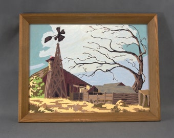 Completed Vintage Paint by Number, Farm scene, Broken windmill scene, cottage décor, Boho