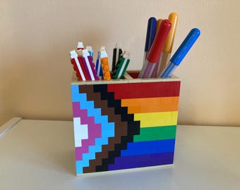 Brick Desk Tidy Pen Holder Pencil Holder Birthday Christmas gift Stocking Filler with drawer Progress Pride Flag