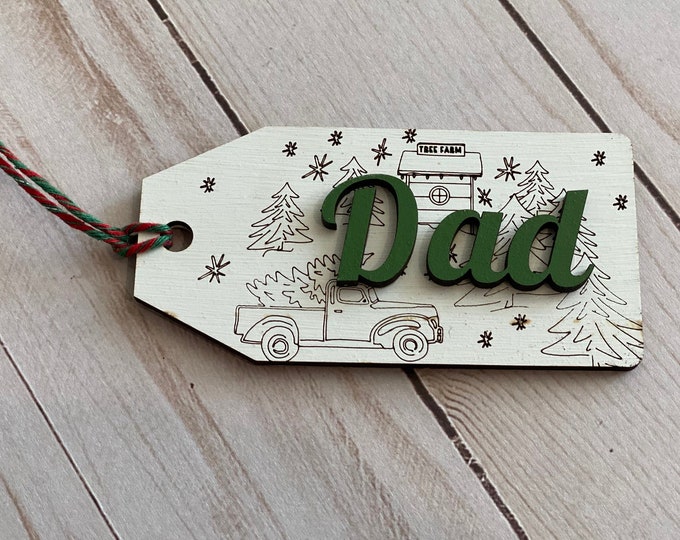 Christmas Stocking Name Tag With Truck and Snow Scene Name Place Cards Personalized Christmas Gift Tags Laser Cut Wooden Gift Tags
