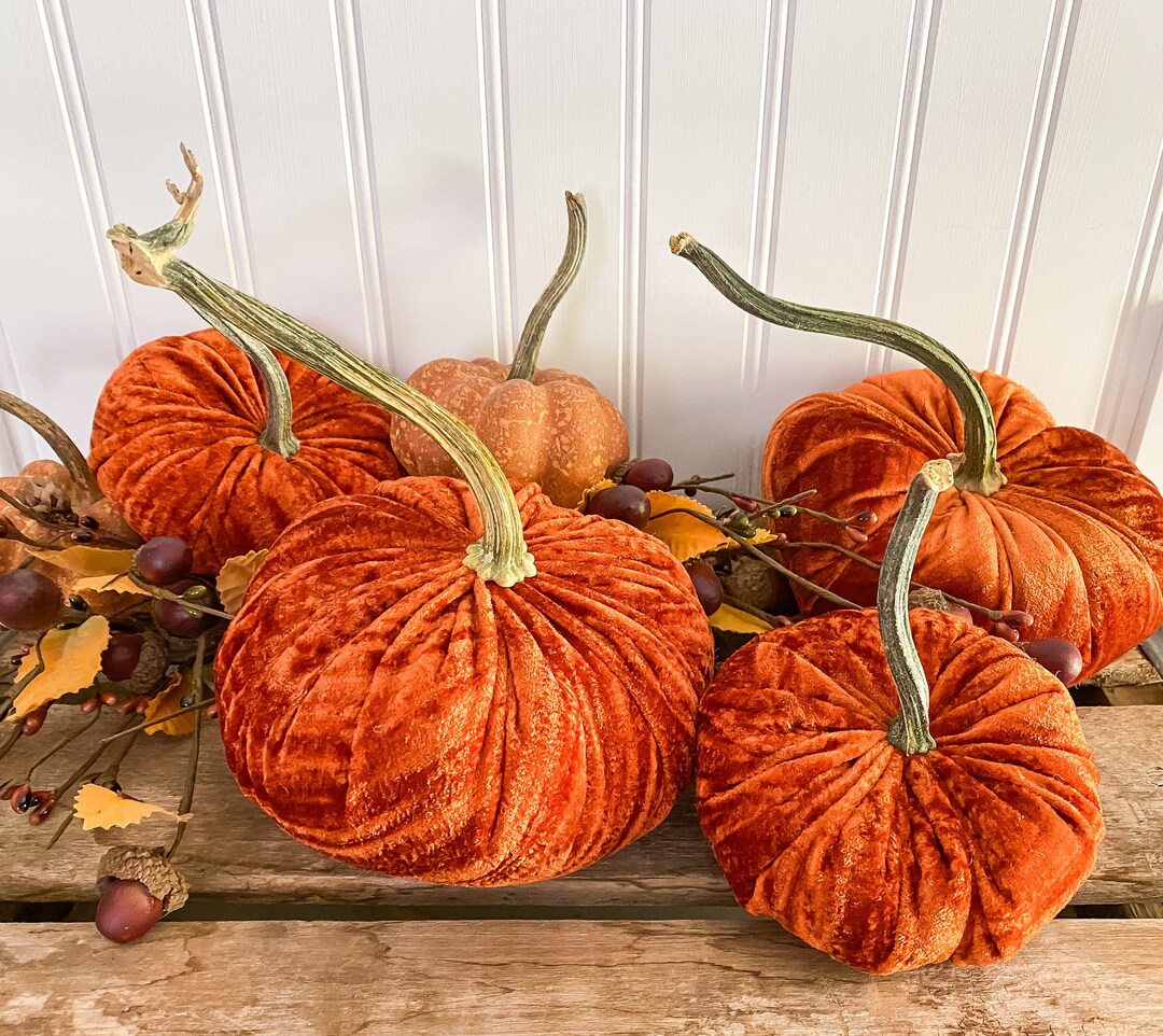 11 INCH DARK ORANGE VELVET STUFFED PUMPKIN W/TWISTED GOLD STEM
