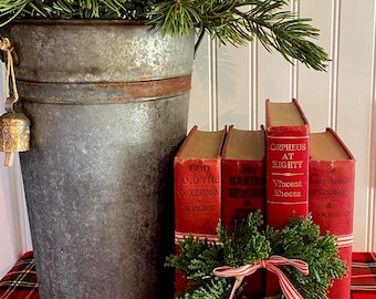 Vintage Red Book Set with Mini Christmas Wreath - Holiday Decor