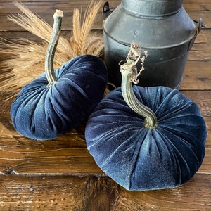 May include: Two round pumpkins crafted from dark navy blue velvet fabric, each featuring a realistic, textured green stem. The pumpkins are positioned together, showcasing their soft, pleated surface and deep, rich color tones.