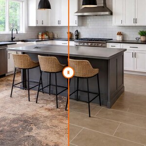 May include: A split-view kitchen renovation showing a before and after comparison. The left side features a worn, mottled brown floor, while the right side displays new, uniform beige rectangular floor tiles. The kitchen includes white cabinets.