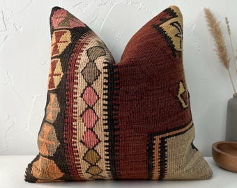 Vintage turkish kilim pillow cover 16x16 inches / 40x40 cm