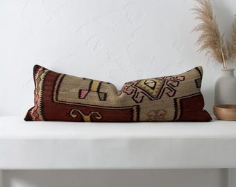 Vintage turkish long kilim lumbar pillow cover 12x36 inches / 30x90 cm