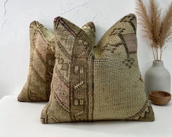 Set of 2 Vintage turkish rug pillow covers 16x16 inches / 40x40 cm