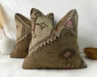 Set of 2 Vintage turkish carpet pillow covers 16x16 inches / 40x40 cm