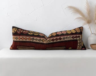 Vintage turkish kilim lumbar pillow cover 12x36 inches / 30x90 cm