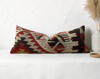 Vintage turkish long kilim lumbar pillow cover 14x36 inches / 35x90 cm