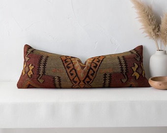 Vintage turkish long kilim lumbar pillow cover 12x34 inches / 30x85 cm