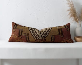 Vintage turkish long kilim lumbar pillow cover 12x36 inches / 30x90 cm