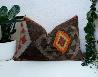 Boho Kilim Pillow Cover Turkish Kilim Pillow Cover 16x24 Wool Kilim Pillow Cover Cushion Cover Vintage Kilim Pillow Cover