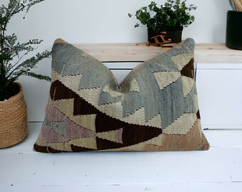 Funda de almohada Boho Kilim, funda de almohada Kilim turca, funda de almohada Kilim de lana de 16x24, funda de cojín, funda de almohada Kilim Vintage