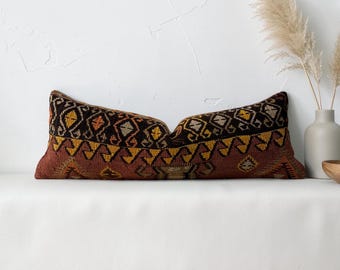 Vintage turkish long kilim lumbar pillow cover 12x34 inches / 30x85 cm