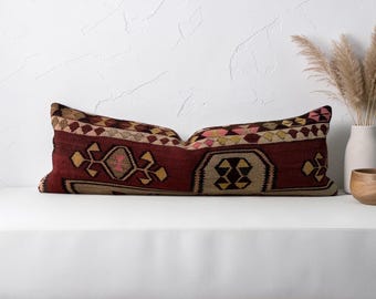 Vintage turkish kilim lumbar pillow cover 12x36 inches / 30x90 cm