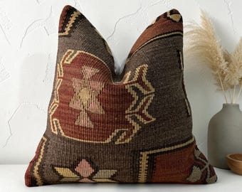 Vintage turkish kilim pillow cover 16x16 inches / 40x40 cm