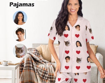 Custom Photo Pajamas,Face Short Pajama Set for Men/Women/Pet,Custom Sleepwear with Photo,Heart Couple PJs,Birthday/Anniversary Gifts