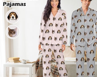 Benutzerdefinierte Katze Hund Gesichter Frauen Männer Pyjama Set, personalisierte Haustier Foto Pyjamas, lustige Haustier Gesicht PJ Set, Geburtstag Jahrestagsgeschenk für Mama Papa