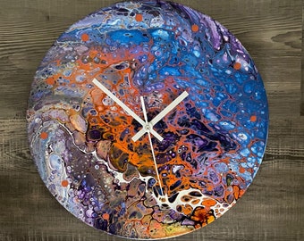 rainbow acrylic clock, Round wall clock, round clock, Acrylic pour clock,, wall mounted clock, painted wall clock, retro clock