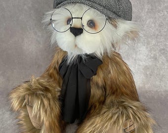 Hobo teddy bear,  teddy bear with hat, plush teddy, teddy bear,  jointed bear, OOAK bear, teddy bear with clothes, handmade teddy bear