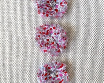 SET of 3 hot pink, red & gray fabric flower hair clips, hair jewelry, wedding, bridal, flower girl, accessories, gift