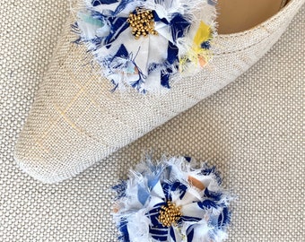1 pair of blue & white fabric flower shoe clips, shoe jewelry, wedding, bridal, flower girl, accessories, gift