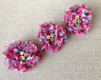 SET of 3 hot pink & sky blue fabric flower hair clips, hair jewelry, wedding, bridal, flower girl, accessories, gift