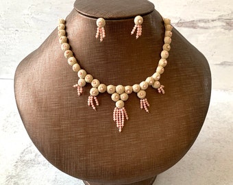SET blush & ivory necklace and earrings with pretty voile pouches, bridal, prom, special occasion