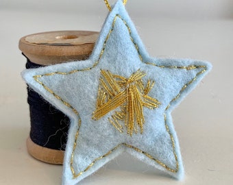 SMALL handmade embroidered ice blue felt star ornament, gold metallic embroidery, Christmas decor, holiday decor