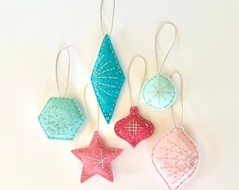 SET of 6 SMALL handmade embroidered & beaded felt ornaments, silver metallic embroidery, Christmas decor, holiday decor