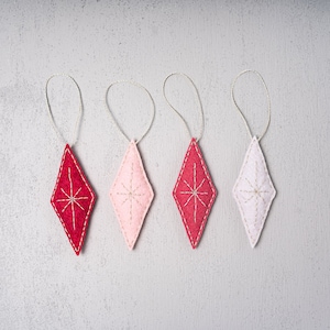 SET of 4 RED/PINK handmade felt ornaments with silver metallic embroidery, Christmas decor, holiday decor
