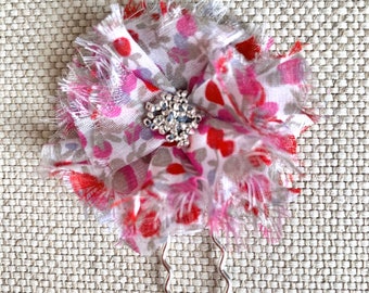 SET of 3 hot pink, red & gray fabric flower hair pins, hair jewelry, wedding, bridal, flower girl, accessories, gift