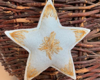 MEDIUM handmade embroidered ice blue felt star ornament, gold metallic embroidery, Christmas decor, holiday decor