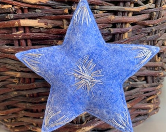 MEDIUM handmade embroidered periwinkle blue felt star ornament, silver metallic embroidery, Christmas decor, holiday decor