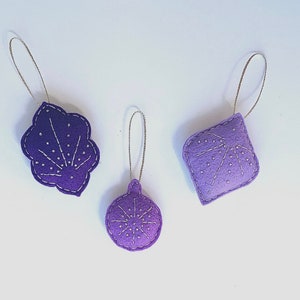 SET of 3 handmade embroidered & beaded felt ornaments in shades of purple, gold embroidery, gold beads, Christmas decor, holiday decor