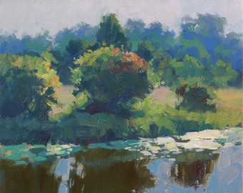 Seerosenblätter Ölgemälde: Miniatur Fluss Landschaft, Original Kunst (10x8)