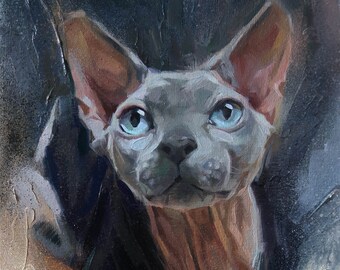 Sphynx Cat Oil Painting: Original Pet Portrait Art (12x8)