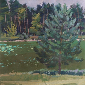 Plein air, Pintura guache em painel, Arte da natureza, Arte do lago, Pintura plein air, Pintura de paisagem, Miniatura, Arte original, Alla prima