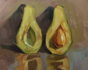 Origineel avocado-olieverfschilderij: keukenstillevenkunst (8 x 8 in)