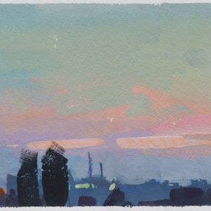 Twilight Cityscape Gouache Painting: Original Miniature Artwork (4x6)