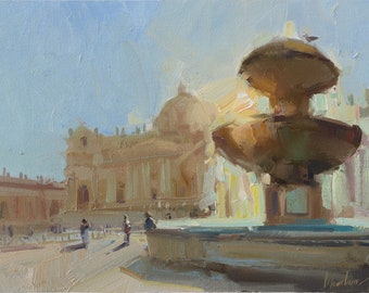Dipinto ad olio della fontana del Vaticano: arte del paesaggio urbano di Roma (8x12)