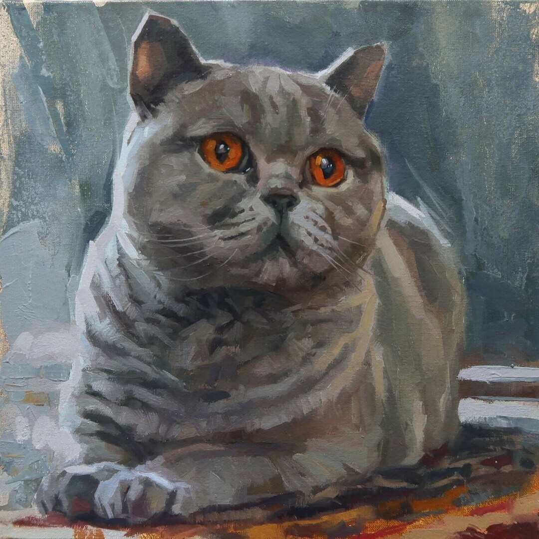 British Shorthair Cat Oil Painting: Original Pet Portrait Art (10x10 In ...