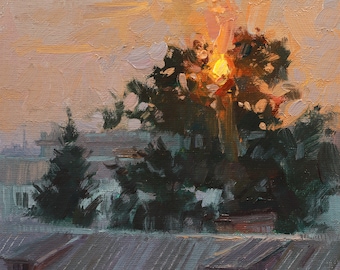 Original Sunset Oil Painting: Miniature Landscape Art, 6x6"