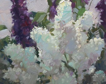 May include: An oil painting depicting white and purple lilac flowers. The white blooms are prominent, with a soft, textured look. The purple flowers are in the background, creating depth and contrast. Green leaves are interspersed throughout the artwork.