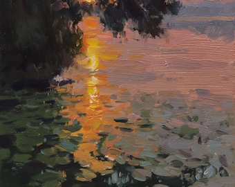 Original Ölgemälde: Sonnenaufgang Landschaft Kunst, 15x15